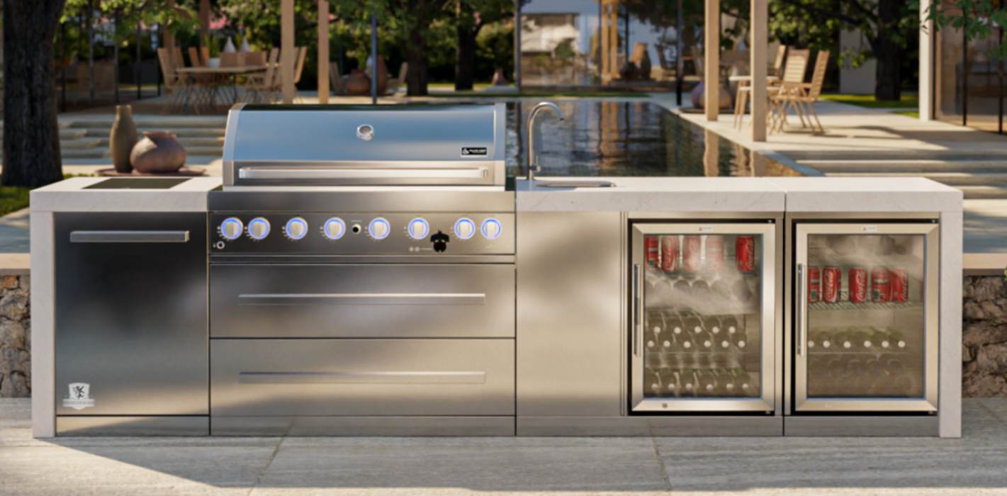 Mont Alpi Outdoor kitchen 6-burner Deluxe Island with a Beverage Center And Fridge Cabinet + Cover - 3.4M