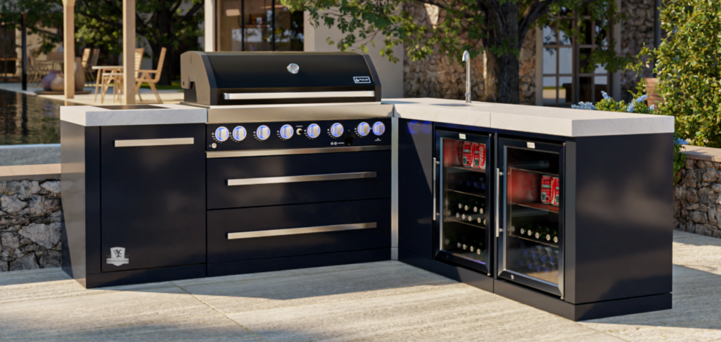 Mont Alpi Outdoor kitchen 805 Black Stainless Steel Island featuring a 90-degree corner, beverage center, and fridge cabinet + Cover