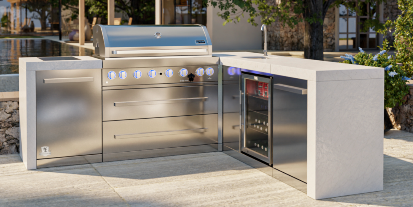 Mont Alpi Outdoor kitchen 805 Deluxe BBQ Grill Island with 90 Degree Corner & Beverage Center - MAi805-D90BEV