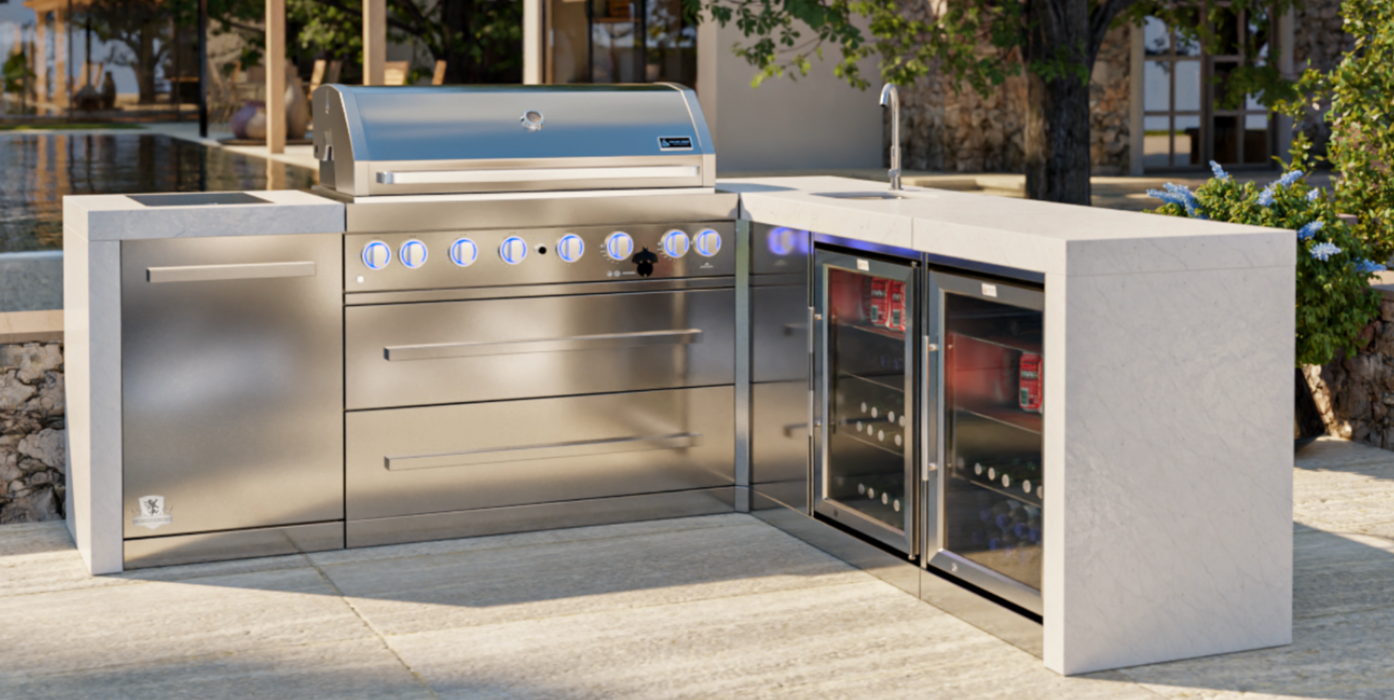 Mont Alpi Outdoor kitchen 805 Deluxe BBQ Grill Island with 90 Degree Corner Beverage Center & Fridge - MAi805-D90BEVFC