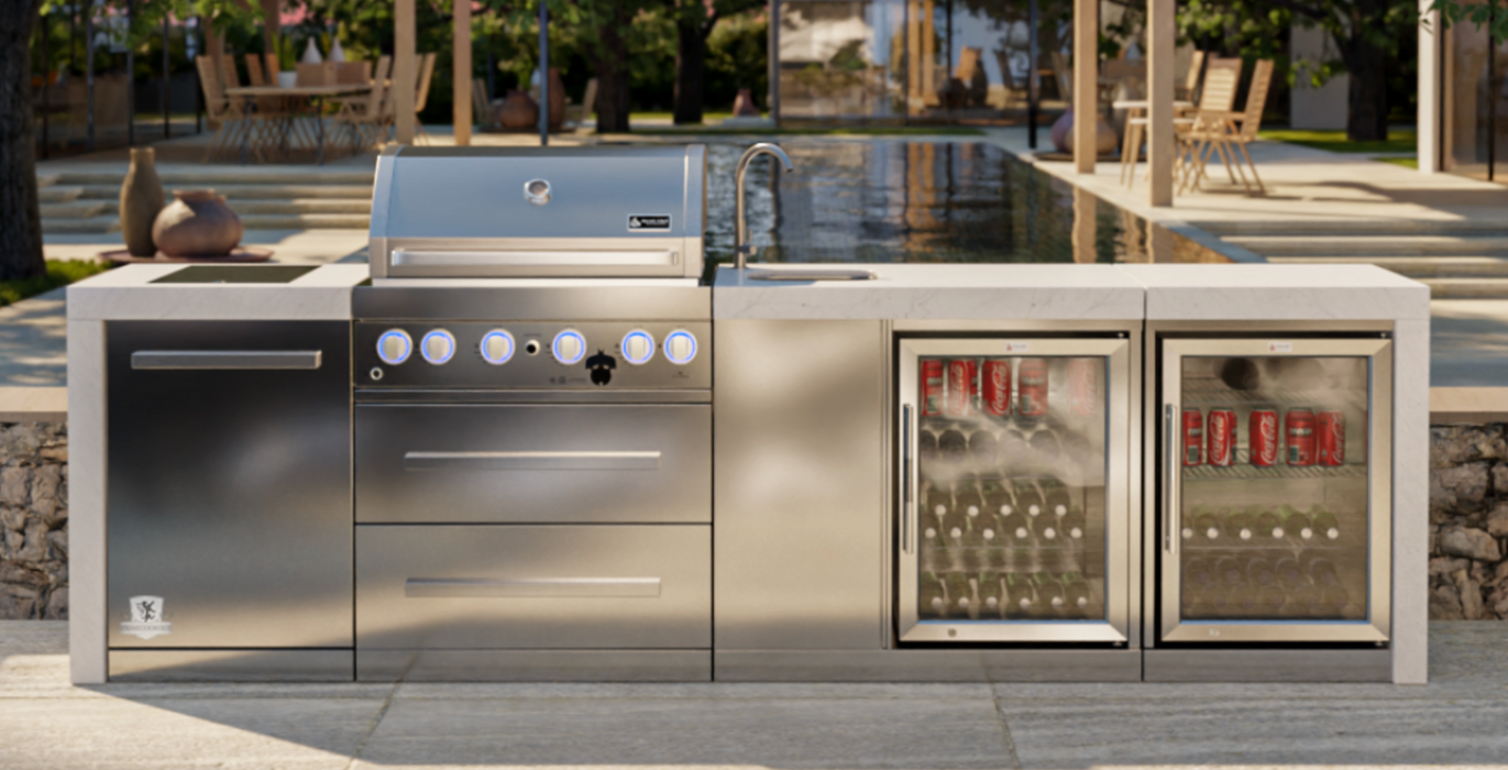 Mont Alpi Outdoor kitchen 4-burner Deluxe Island with a Beverage Center And Fridge Cabinet + Cover - 3.1M