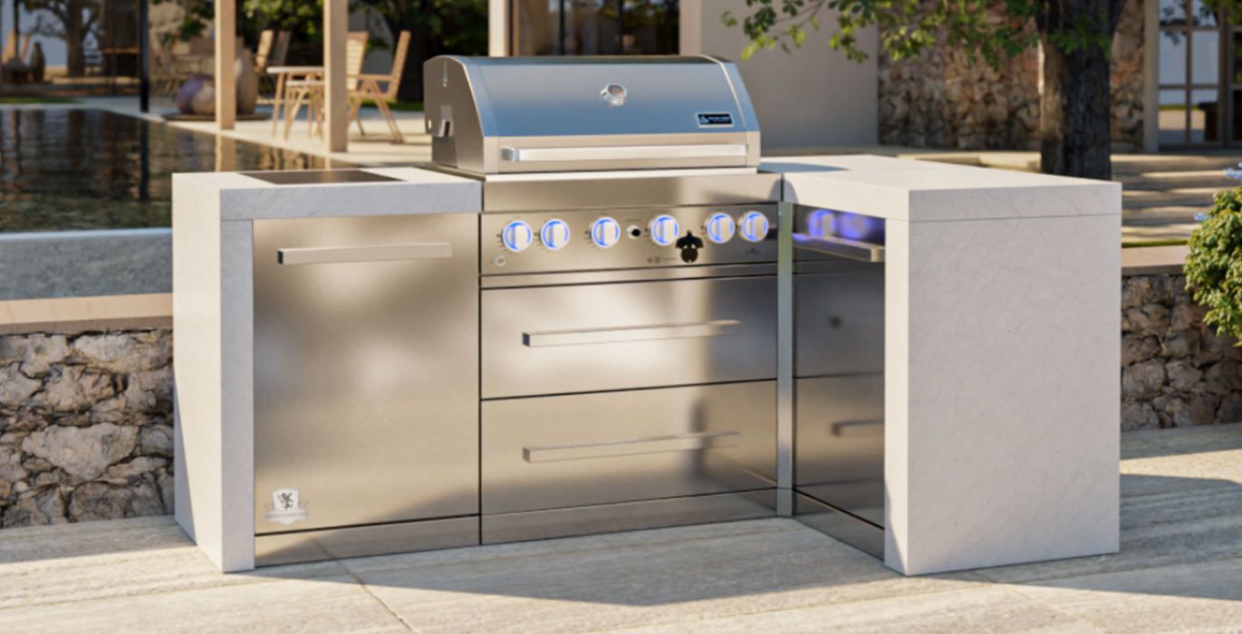 Mont Alpi Outdoor kitchen 4-burner Deluxe Island with a 90-Degree Corner + Cover - 2.1M