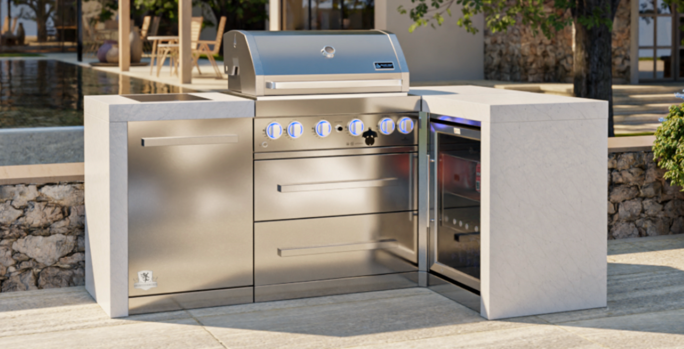 Mont Alpi Outdoor kitchen 4-burner Deluxe Island with a 90-degree corner and a fridge cabinet + Cover