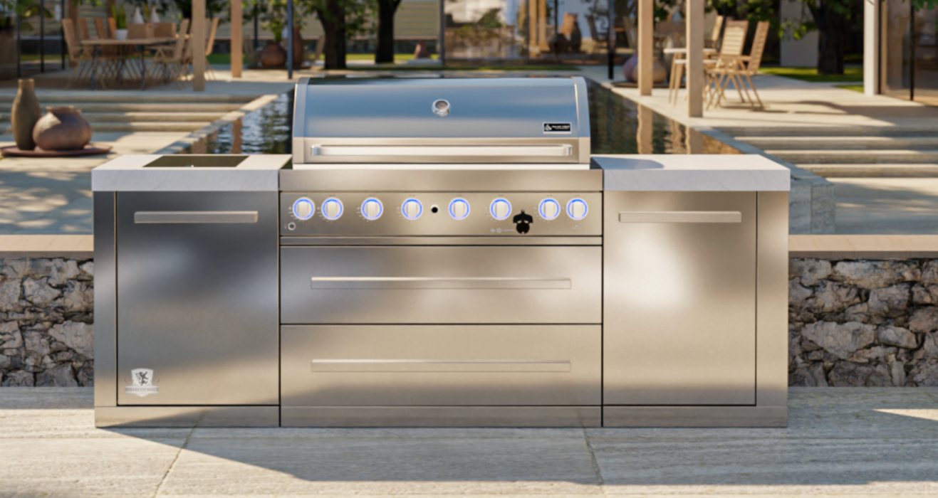 Mont Alpi Outdoor kitchen 805 BBQ Grill Island features a 6-burner gas grill  2.4M