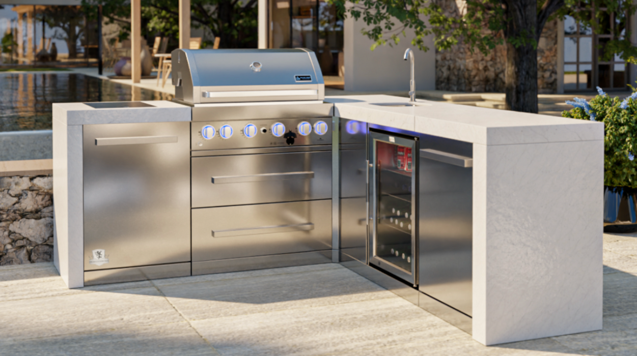 Mont Alpi Outdoor kitchen 4-burner Deluxe Island featuring a 90-degree corner and beverage Center + Cover  2.1M-2.3M