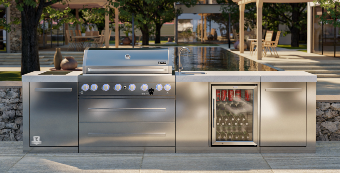 Mont Alpi Outdoor kitchen 805 BBQ Grill Island features a 6-burner gas grill with a Beverage Center  - 3.4M