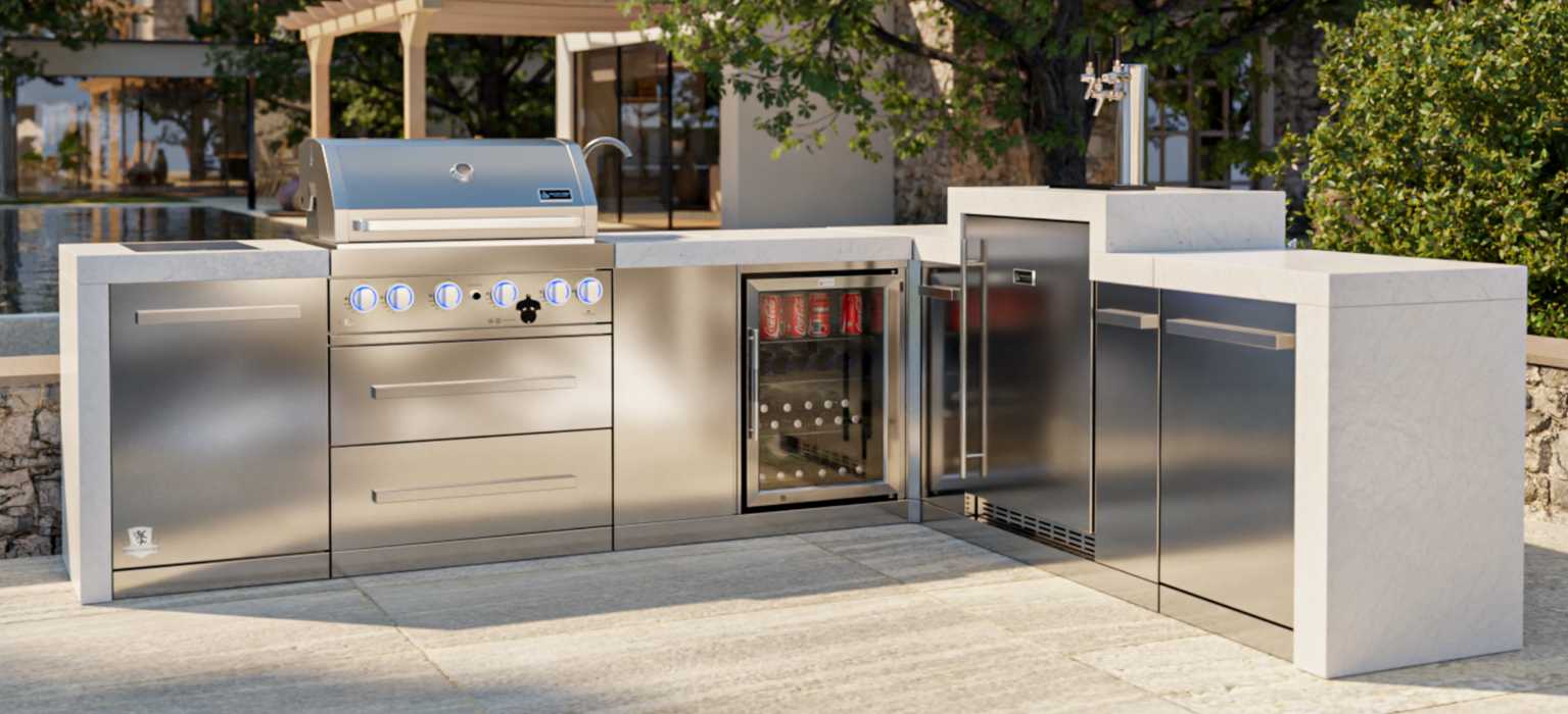 Mont Alpi Outdoor kitchen 400 Deluxe BBQ Grill Island with 90 Degree Corner, Kegerator & Beverage Center - MAI400-D90KEGBEV