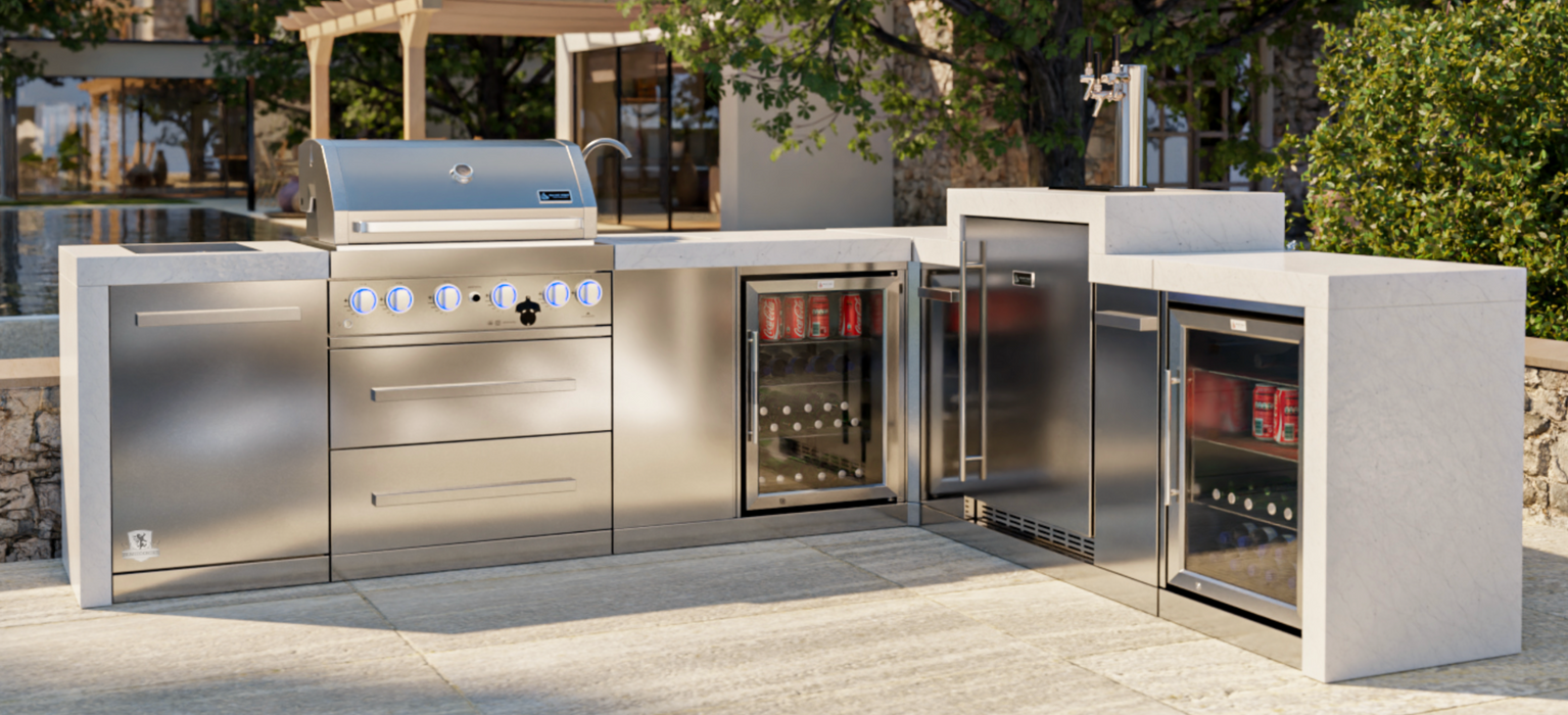 Mont Alpi Outdoor kitchen 400 Deluxe BBQ Grill Island with 90 Degree Corner, Kegerator, Beverage Center & Fridge Cabinet - MAi400-D90KEGBEVFC