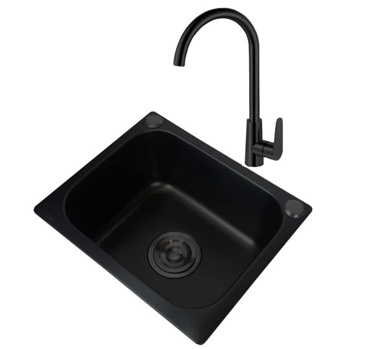 Black Sink Drop-In or Under-Mount With Elbow Faucet & Drain Assembly