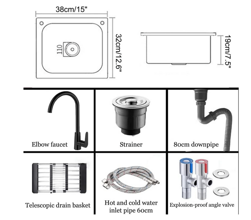 Black Sink Drop-In or Under-Mount With Elbow Faucet & Drain Assembly