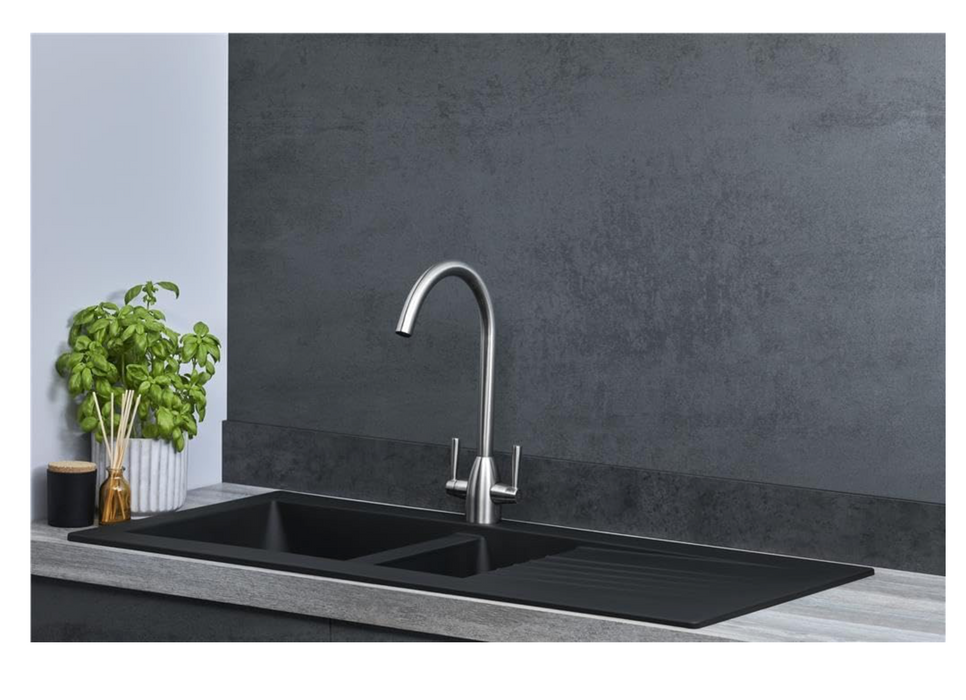 Black Sink + Tap Drop-In 1M x 0.5M Bowl BIO Composite Reversible Black Kitchen Sink Complete with Wastes and Fittings