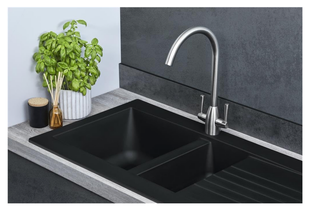 Black Sink + Tap Drop-In 1M x 0.5M Bowl BIO Composite Reversible Black Kitchen Sink Complete with Wastes and Fittings