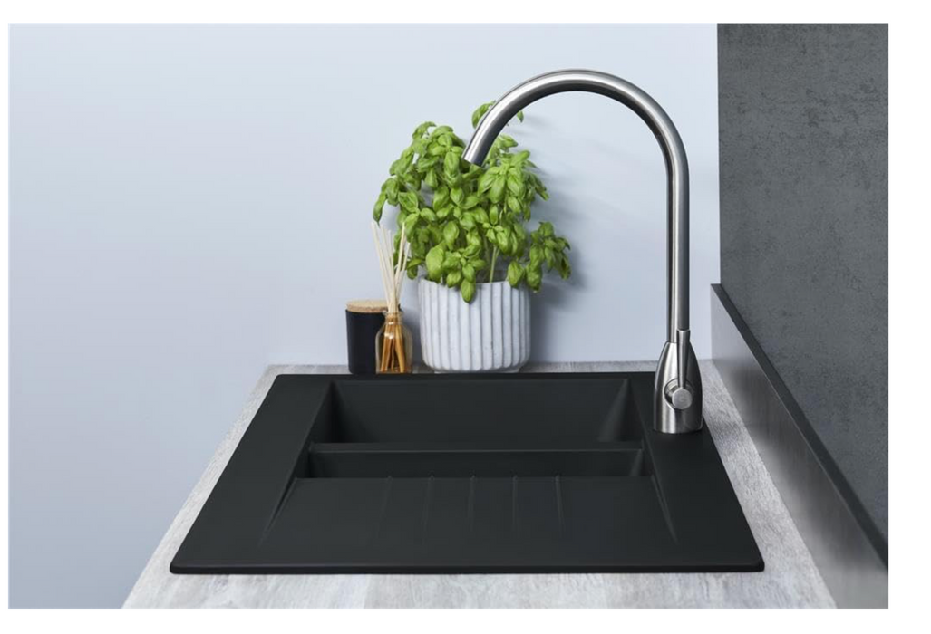 Black Sink + Tap Drop-In 1M x 0.5M Bowl BIO Composite Reversible Black Kitchen Sink Complete with Wastes and Fittings