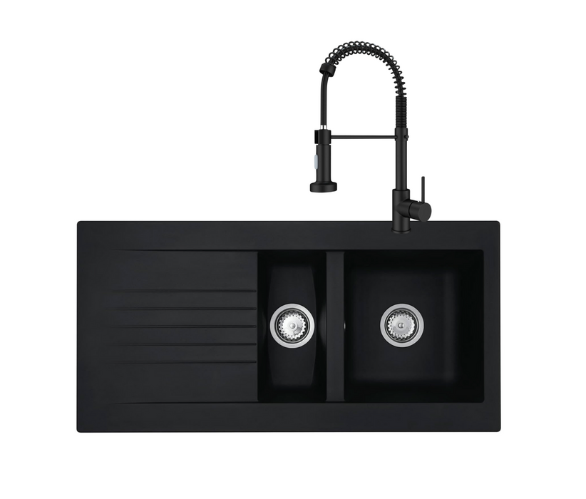 Black Sink + Tap Drop-In 1M x 0.5M Bowl BIO Composite Reversible Black Kitchen Sink Complete with Wastes and Fittings