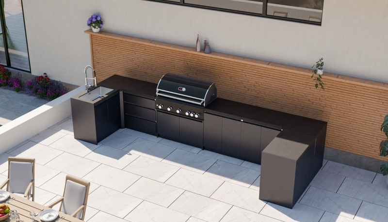 Whistler Fairford Black Outdoor Kitchen with Burford 5-Burner BBQ | Dimensions 1.5m x 4.8m x 1.6m