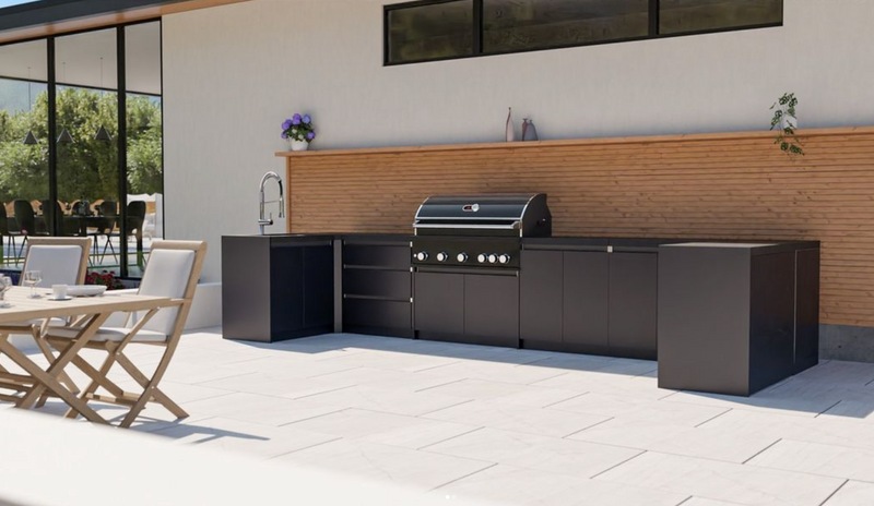 Whistler Fairford Black Outdoor Kitchen with Burford 5-Burner BBQ | Dimensions 1.5m x 4.8m x 1.6m