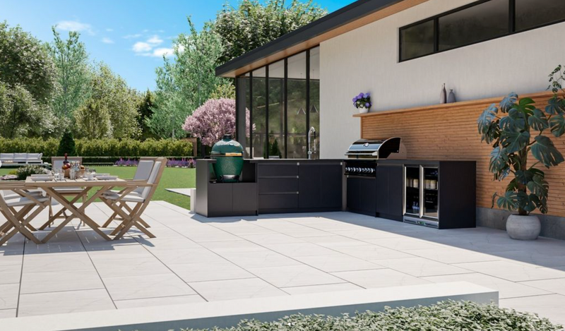 Whistler Fairford L-Shaped Black Outdoor Kitchen with Burford 5-Burner BBQ | Dimensions 3.1m x 3.5m