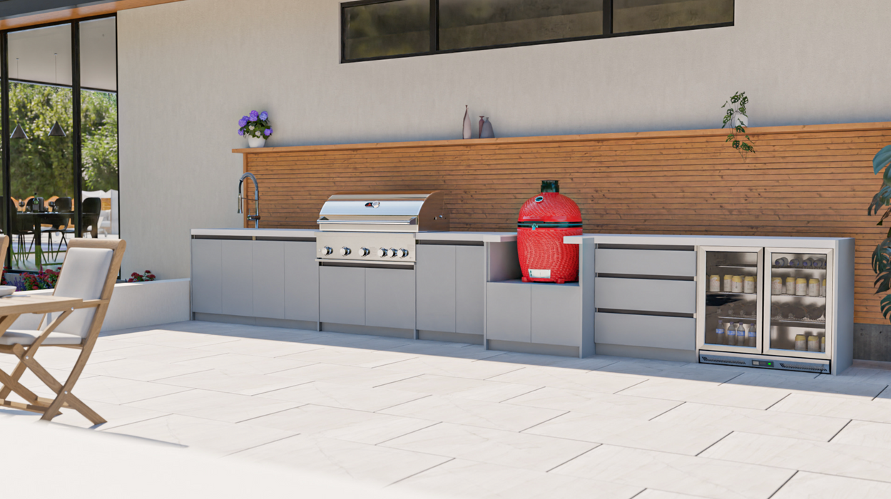 Whistler Fairford Grey Outdoor Kitchen Burford 5 Burner Barbecue and Kamado Joe