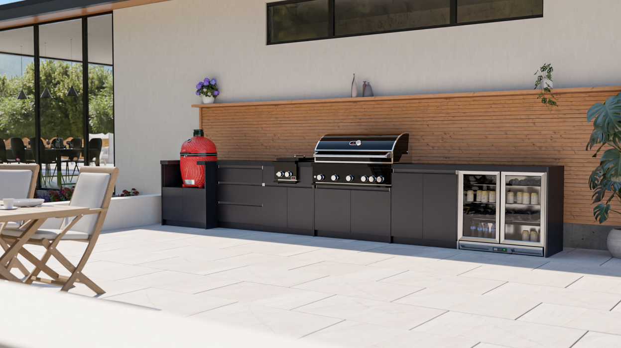 Whistler Fairford Black Outdoor Kitchen Burford 5 Burner Barbecue and Kamado Joe