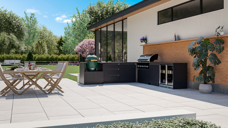 Whistler Fairford L-Shaped Black Outdoor Kitchen with Burford 5-Burner BBQ | Dimensions 3.1m x 3.5m