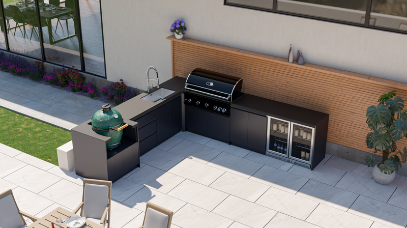 Whistler Fairford L-Shaped Black Outdoor Kitchen with Burford 5-Burner BBQ | Dimensions 3.1m x 3.5m