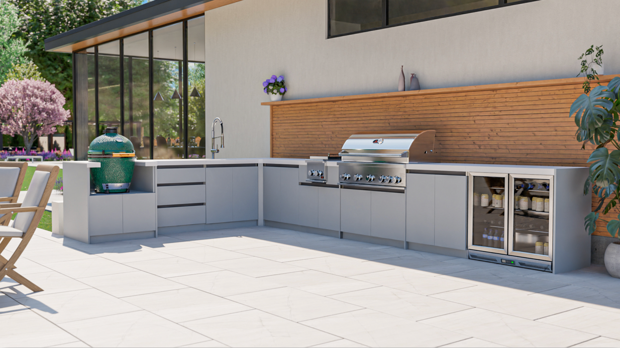 Whistler Fairford Grey L Shape Outdoor Kitchen Burford 5 Burner Barbecue and Green Egg