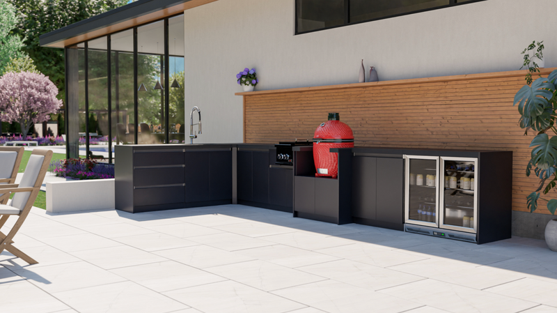 Whistler Fairford Black L-Shaped Outdoor Kitchen | Dimensions 2.3m x 4.8m
