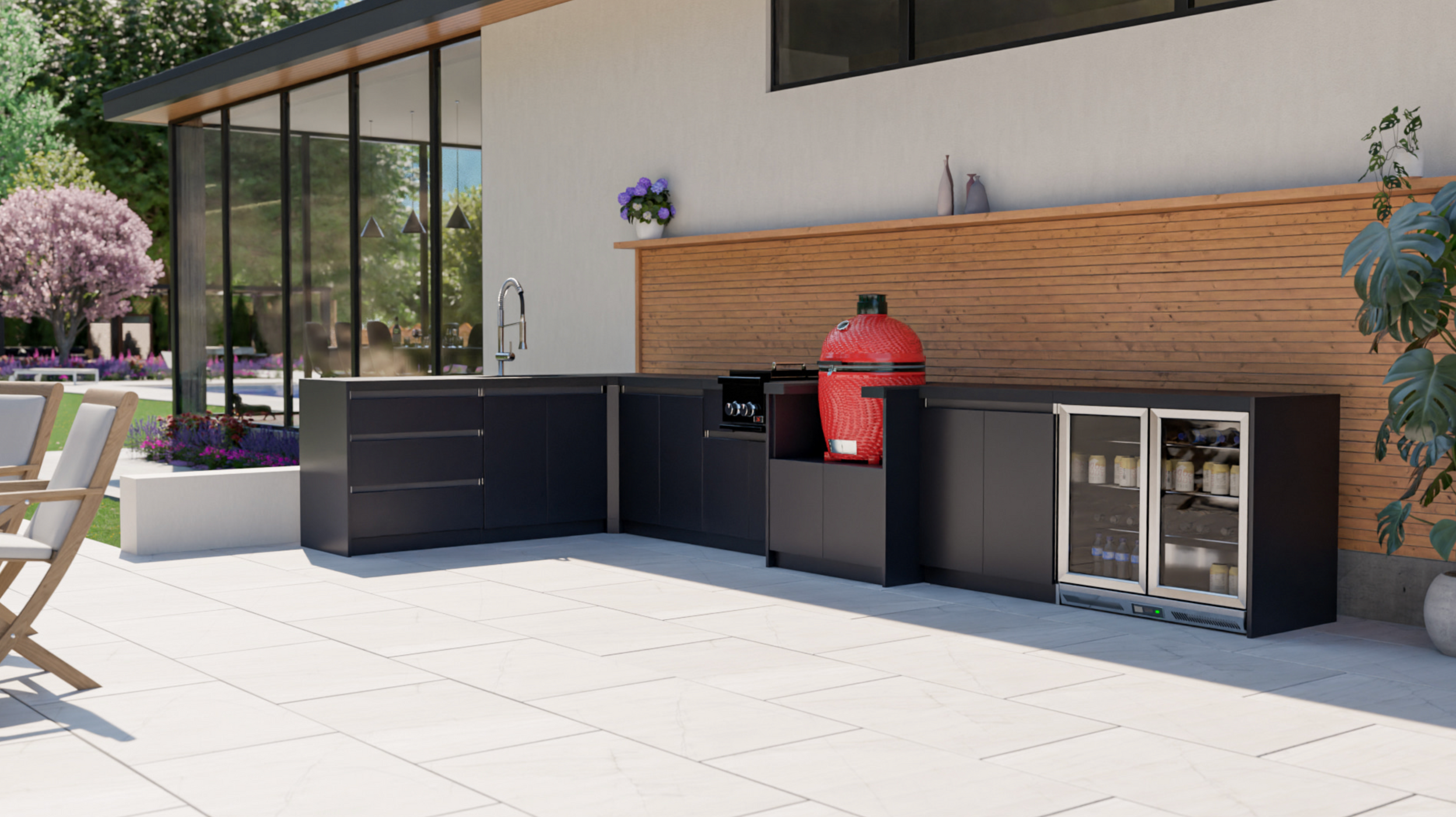 Whistler Fairford Black L-Shaped Outdoor Kitchen with Kamado Joe | Dimensions 2.3m x 4.8m