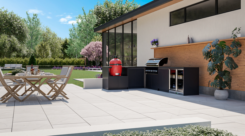 Whistler Fairford L-Shaped Black Outdoor Kitchen with Burford 5-Burner BBQ | Dimensions 2.3m x 3.5m