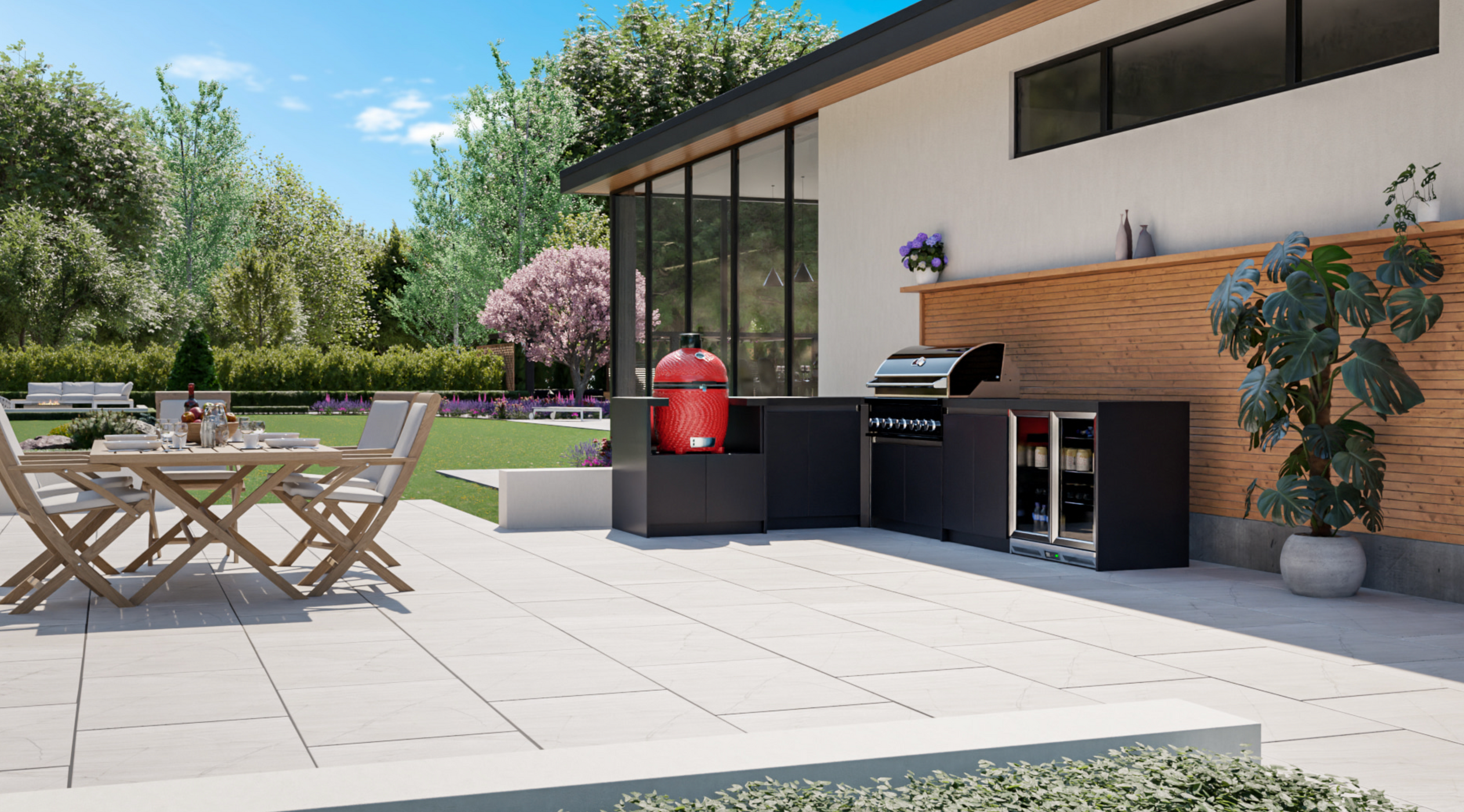 Whistler Fairford L-Shaped Black Outdoor Kitchen with Burford 5-Burner BBQ & Kamado Joe | Dimensions 2.3m x 3.5m