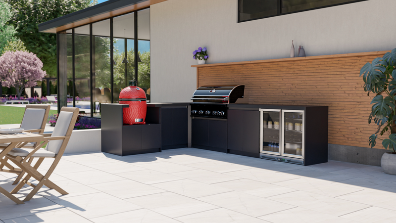 Whistler Fairford L-Shaped Black Outdoor Kitchen with Burford 5-Burner BBQ | Dimensions 2.3m x 3.5m