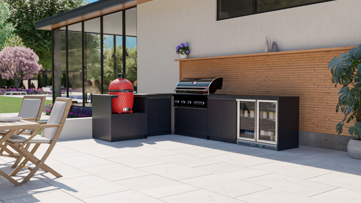 Whistler Fairford L Shape Black Outdoor Kitchen Burford 5 Burner Barbecue and Kamado Joe