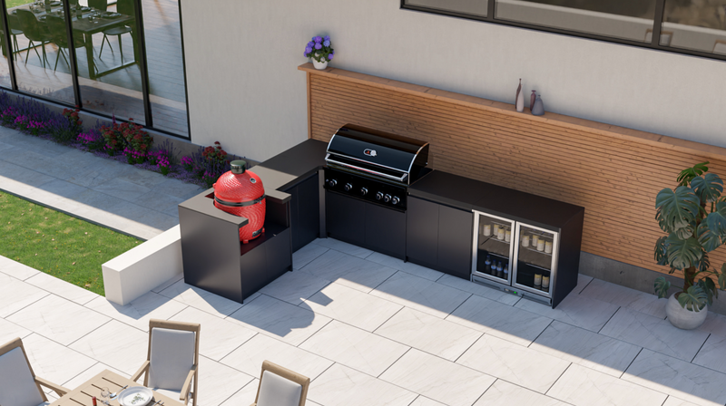 Whistler Fairford L-Shaped Black Outdoor Kitchen with Burford 5-Burner BBQ | Dimensions 2.3m x 3.5m