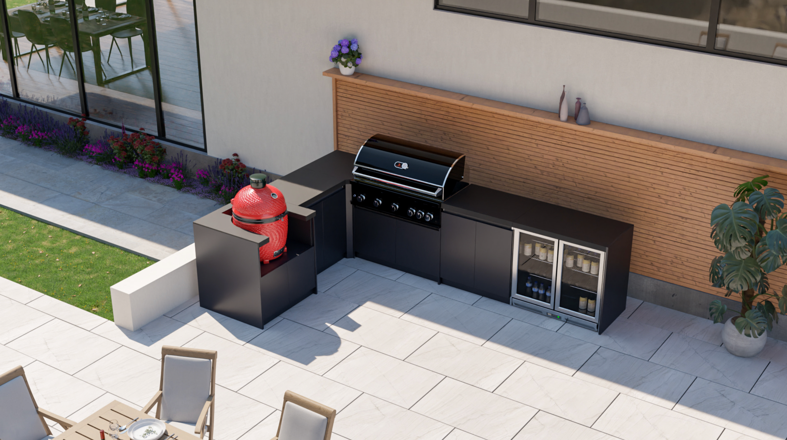 Whistler Fairford L-Shaped Black Outdoor Kitchen with Burford 5-Burner BBQ & Kamado Joe | Dimensions 2.3m x 3.5m