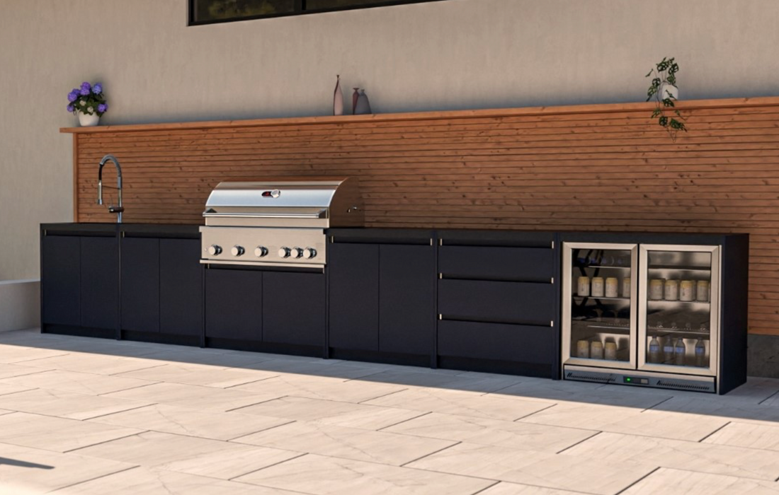 Whistler Fairford Black Outdoor Kitchen with Burford 5 Burner Stainless Steel BBQ | 5.2M Full-Length