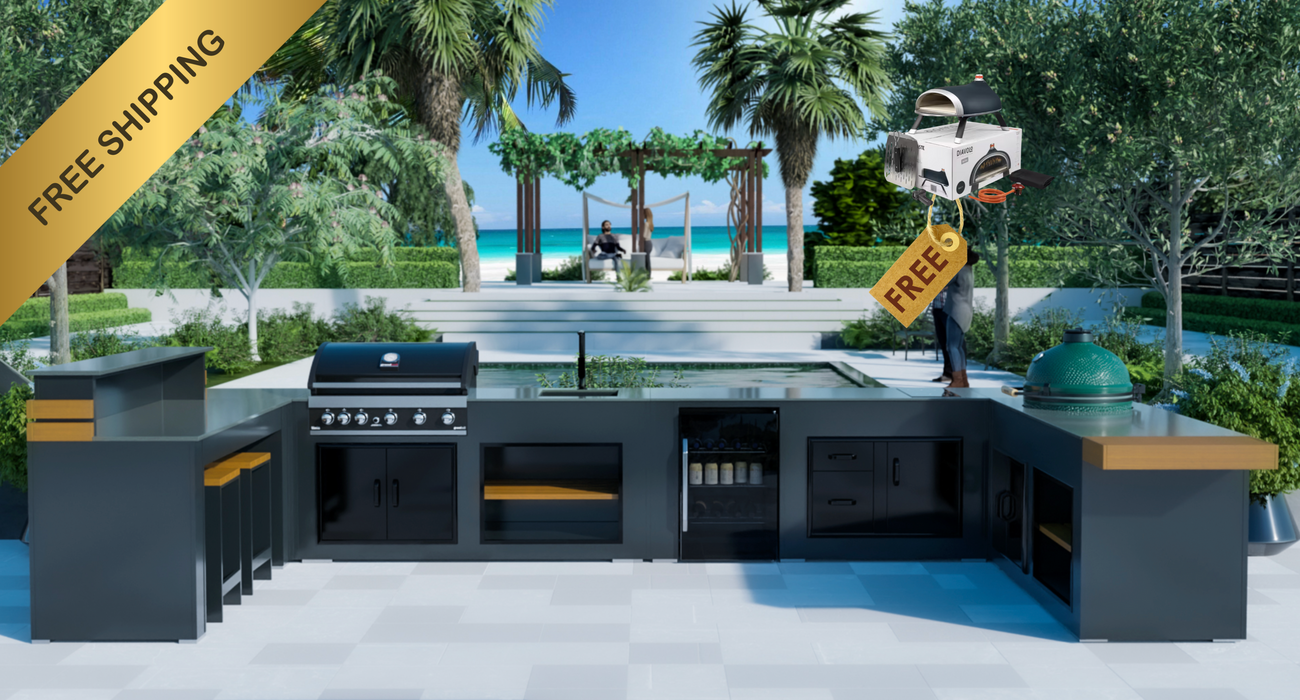 Grillandia Outdoor kitchen Well Done U shape + Big Green Egg + Entertainment Center 3M x 5M X 3M