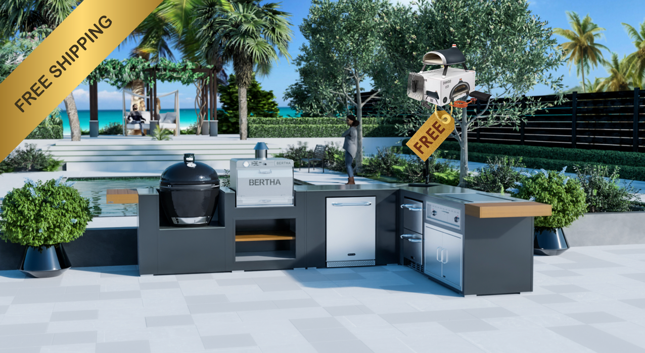 Grillandia Outdoor Kitchen L-Shape Drop-In Electric Plancha + Sink + Berta Multi Oven +Fridge + Double Drawer Fridge + Primo XL