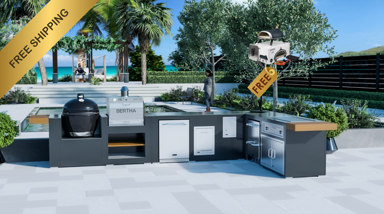 Grillandia Outdoor Kitchen L-Shape Drop-In Electric Plancha + Sink + Berta Multi Oven +Fridge + Double Drawer Fridge + Primo XL