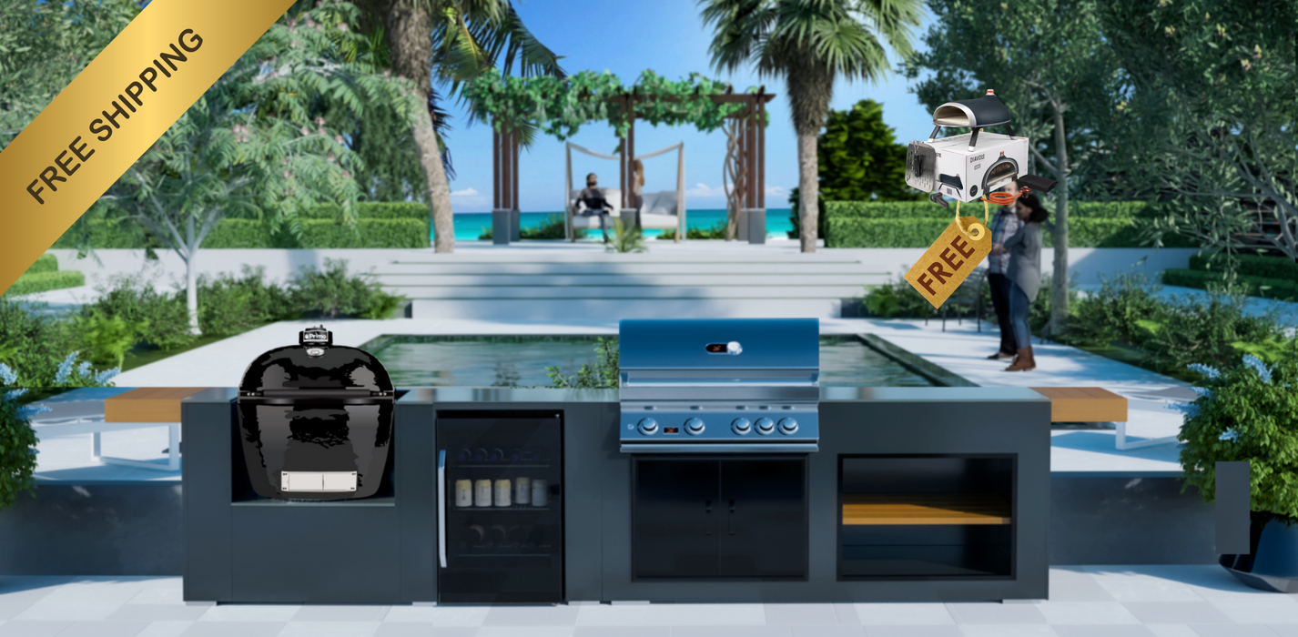 Grillandia Outdoor Kitchen With Fridge + Whistler Burford 4 Burner + Primo Ceramic Grill + Weather Cover - 4M