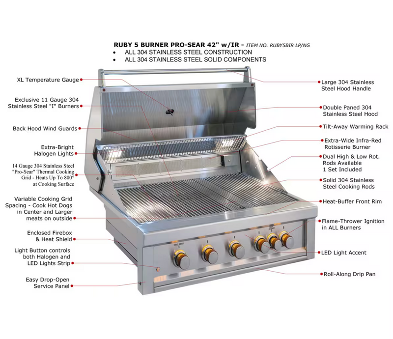 Sunstone Ruby Series 5 Burner Gas Grill with Infrared Rear Burner, Rotisserie Kit, and Cover