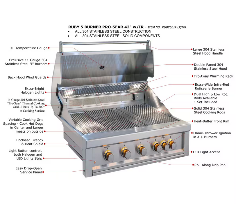 Sunstone Ruby Series 5 Burner Built In Gas BBQ