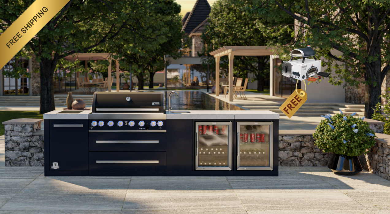 Mont Alpi Outdoor Kitchen 805 Black Stainless Steel Island with Beverage Center and Fridge Cabinet -3.4M