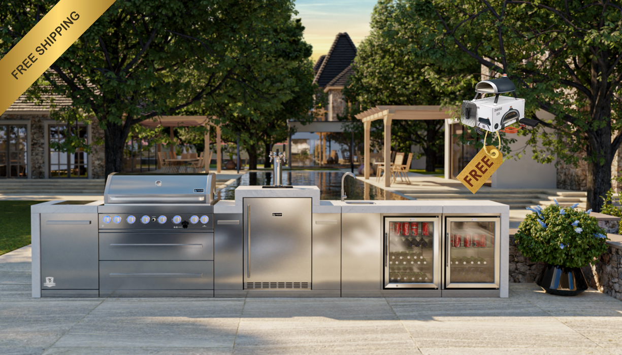 Mont Alpi Outdoor kitchen 805 Deluxe BBQ Grill Island with Kegerator, Beverage Center & Fridge Cabinet - MAi805-DKEGBEVFC