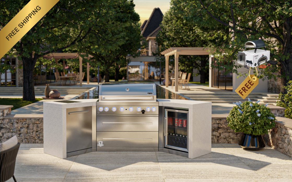 Mont Alpi Outdoor kitchen 6-burner Deluxe Island with 45-Degree Corners and a Fridge Cabinet  + Weather Cover 2.8M