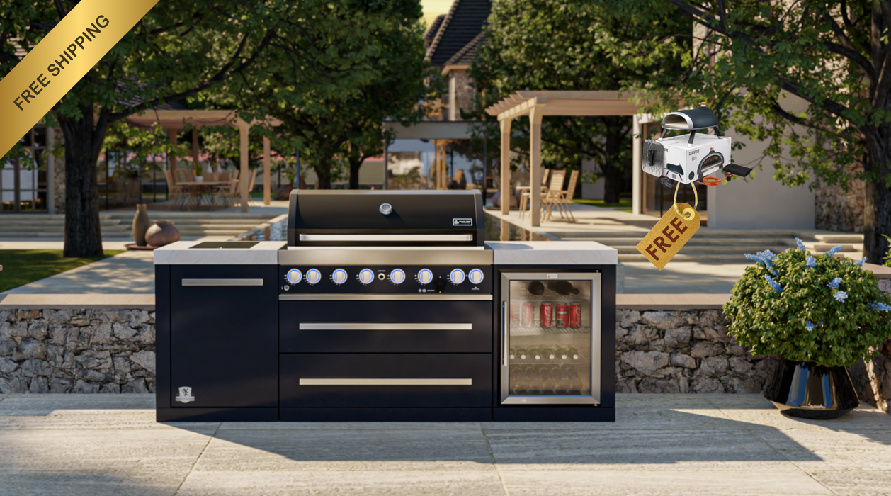 Mont Alpi Outdoor kitchen 805 Black Stainless Steel Island with a Fridge Cabinet + Weather Cover - 2.4M