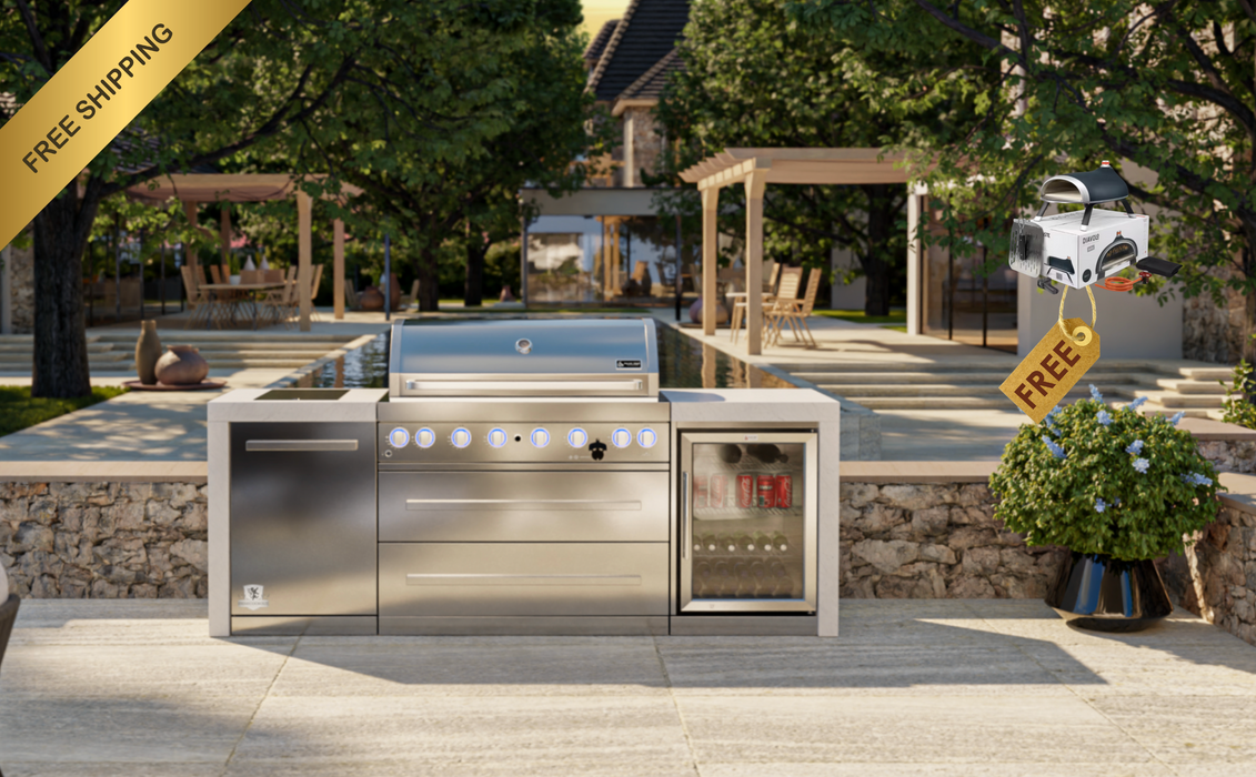 Mont Alpi Outdoor kitchen 6-burrner Deluxe Island with Fridge Cabinet + Cover - 2.4M