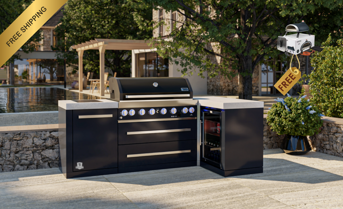 Mont Alpi L Shape Outdoor kitchen 805 Black Stainless Steel Island + Fridge - 2.4M