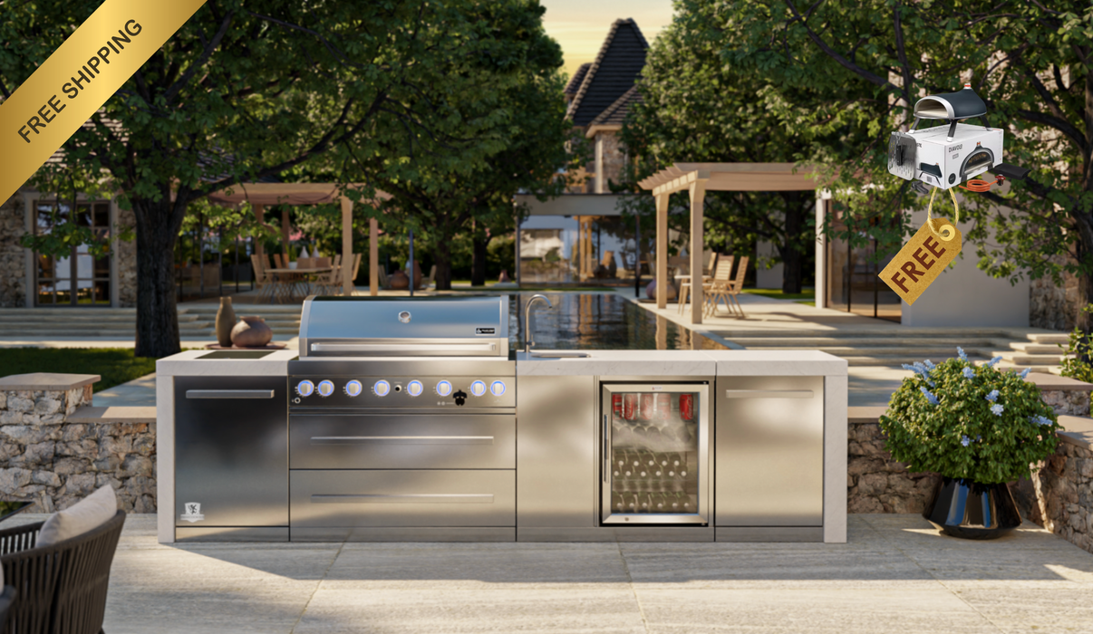 Mont Alpi Outdoor kitchen 6-burner Deluxe Island + Weather Cover - 3.4M