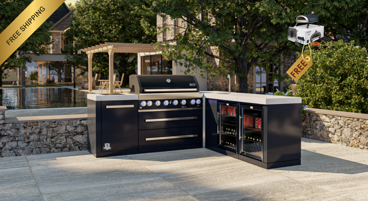 Mont Alpi L Shape Outdoor kitchen 805 Black Stainless Steel Island With Double Fridge + Weather Cover