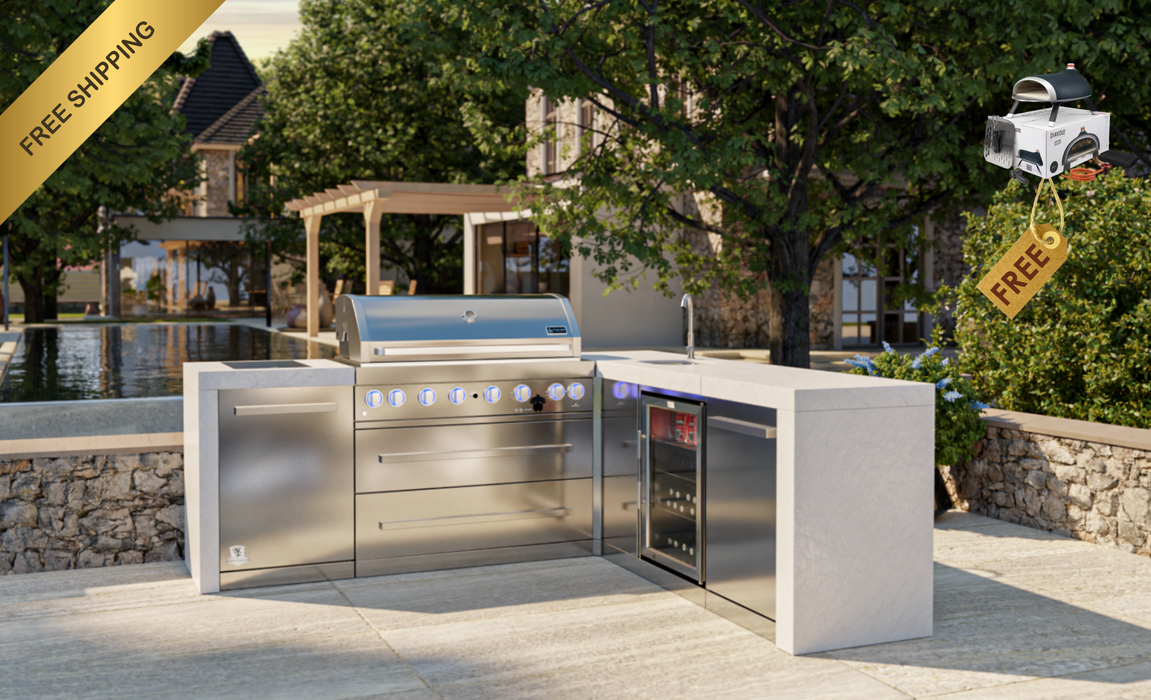 Mont Alpi Outdoor kitchen 805 Deluxe BBQ Grill Island with 90 Degree Corner & Beverage Center - MAi805-D90BEV